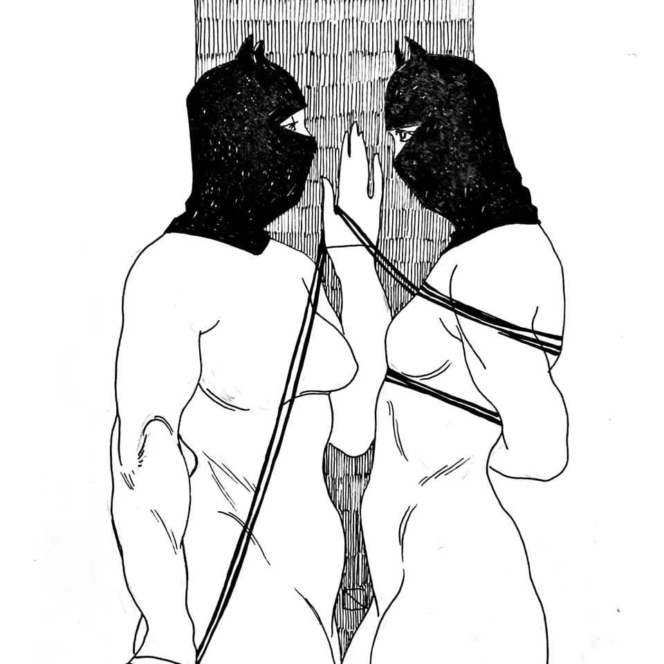 Illustration of two people in close contact, one bound with rope.