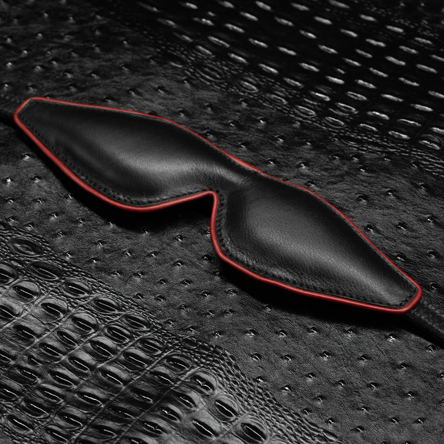 No-Peek black leather blindfold with red trim