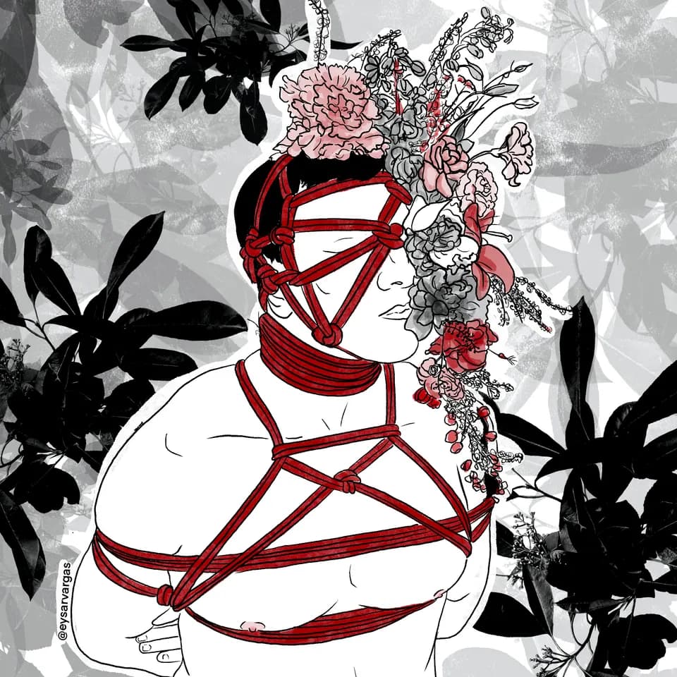 An illustration of someone tied in red ropes with flowers decorating their head and plants in the background.