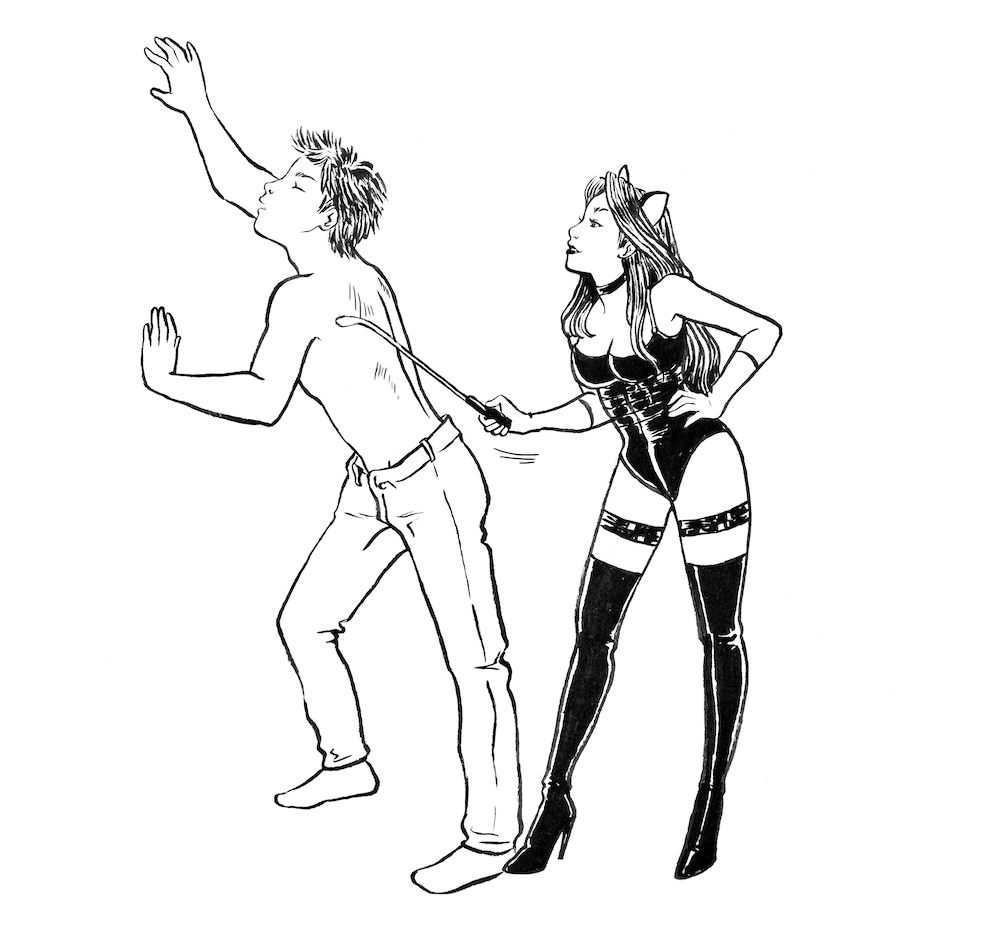 woman in bdsm attire running a riding crop over a man's back