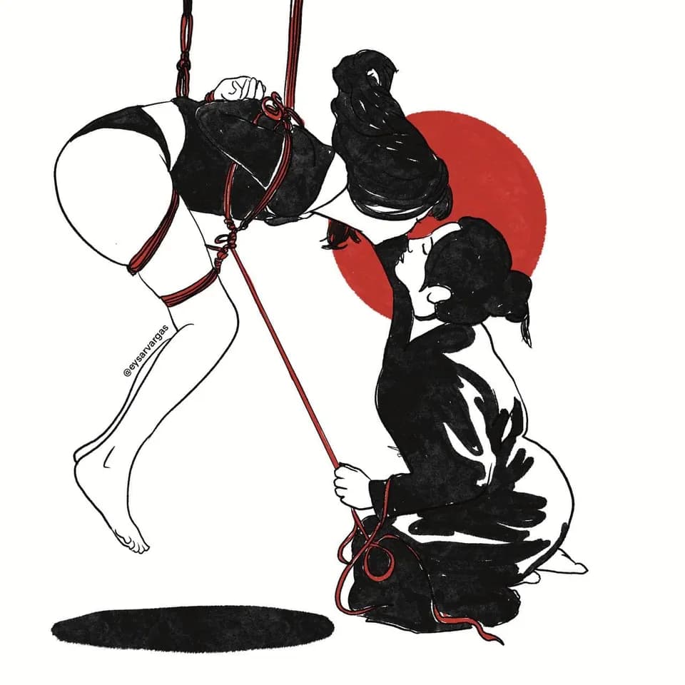Two people practicing shibari suspension with rope in an illustrated style.