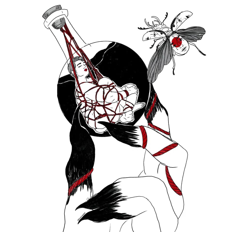 Illustration of a person suspended in red rope beneath a hard point, with a winged moth-like figure and long black feathers around them.